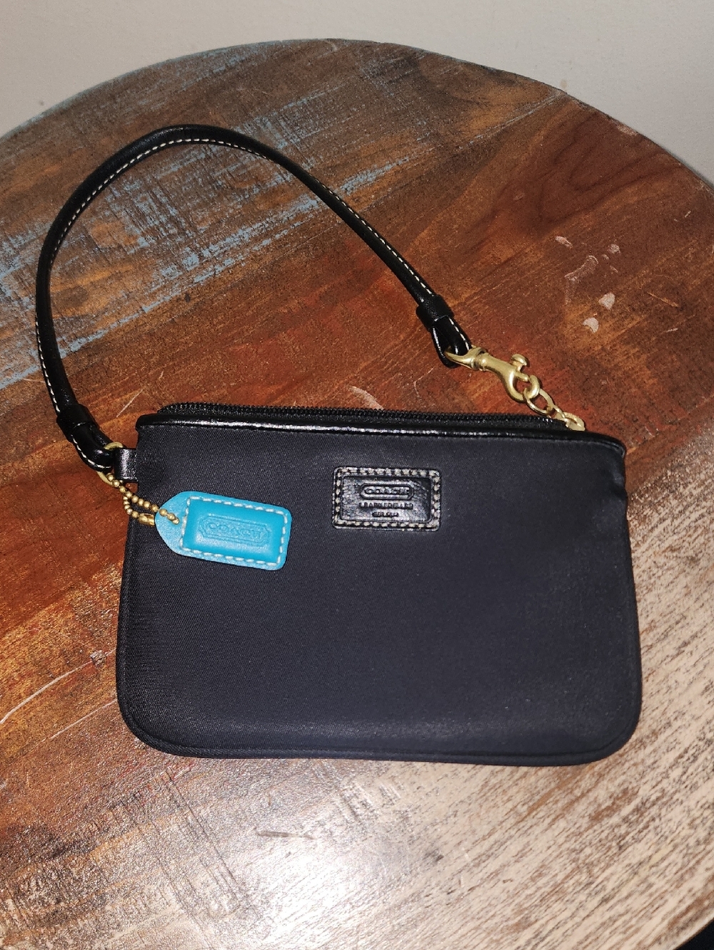 Coach Black Small Leather Canvas Wristlet Teal Accent Hang Tag Pouch